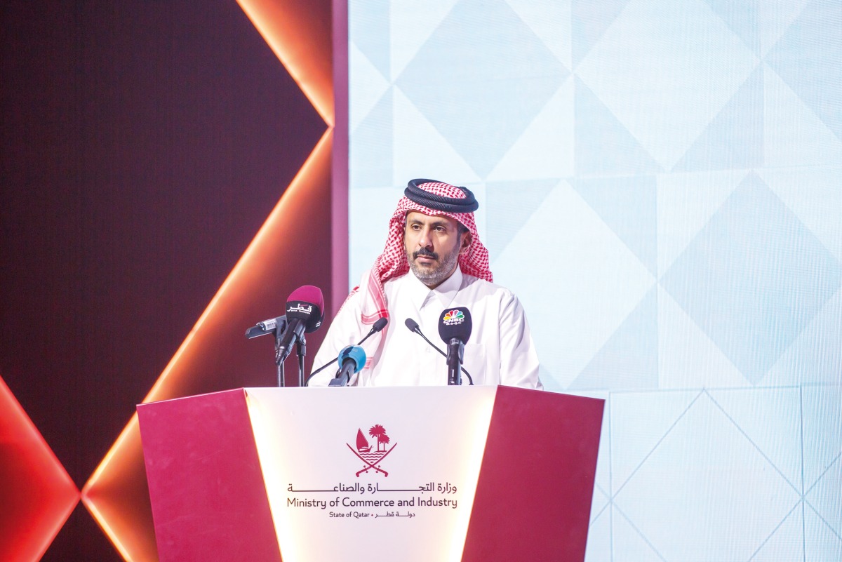 Minister of Commerce and Industry H E Sheikh Faisal bin Thani bin Faisal Al Thani addressing the event, yesterday.