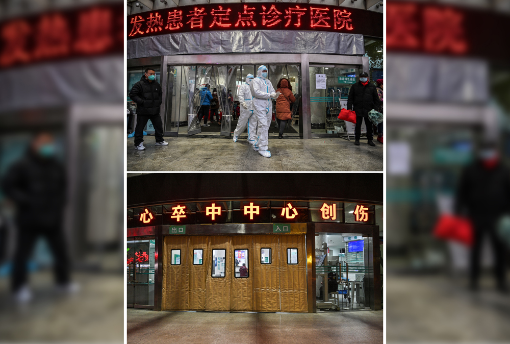 This combination photograph created on December 23, 2024 shows medical staff members, wearing protective clothing to help stop the spread of a deadly virus which began in the city, walking outside the Wuhan Red Cross Hospital in Wuhan, in China's central Hubei province on January 25, 2020 (top) and a view of the same location at the hospital entrance on December 21, 2024, ahead of the fifth anniversary of China confirming its first death from the Covid-19 coronavirus. Photo by Hector RETAMAL / AFP