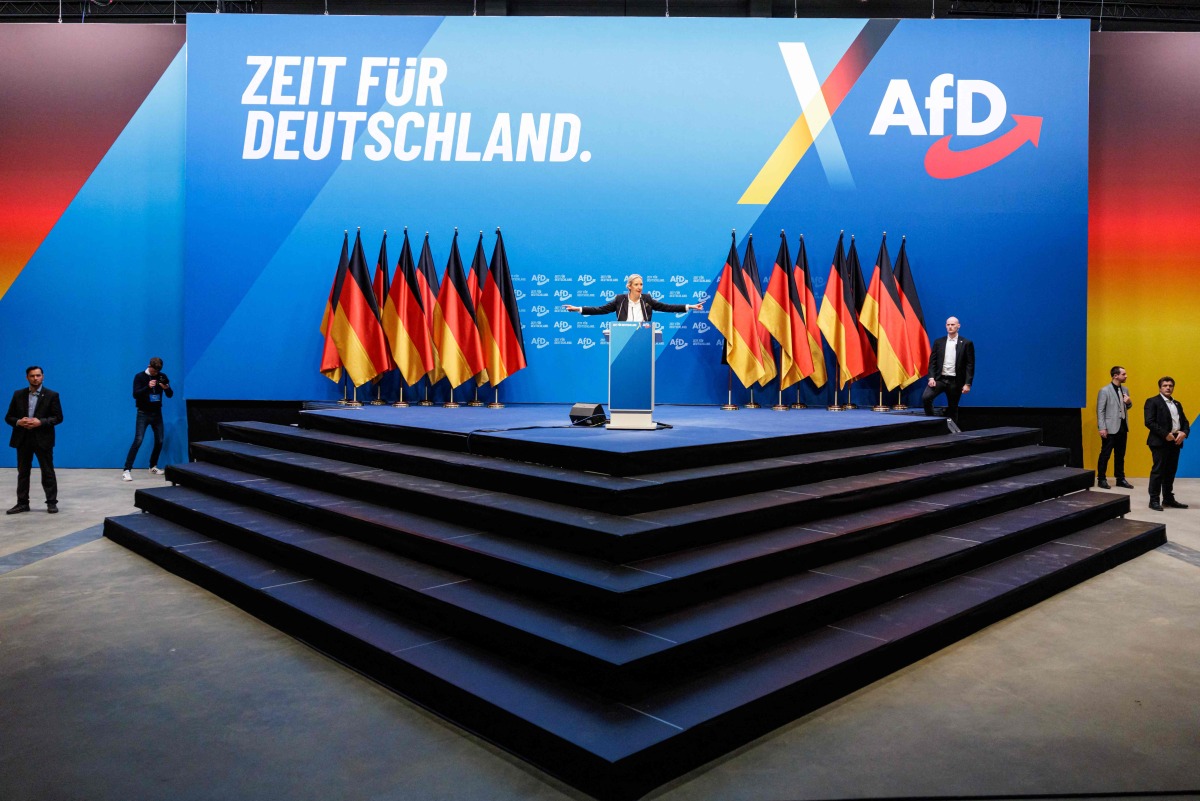 Alice Weidel, co-leader of Germany's far-right Alternative for Germany (AfD) party, addresses delegates during a party congress on January 11, 2025 in Riesa, eastern Germany. (Photo by JENS SCHLUETER / AFP)
