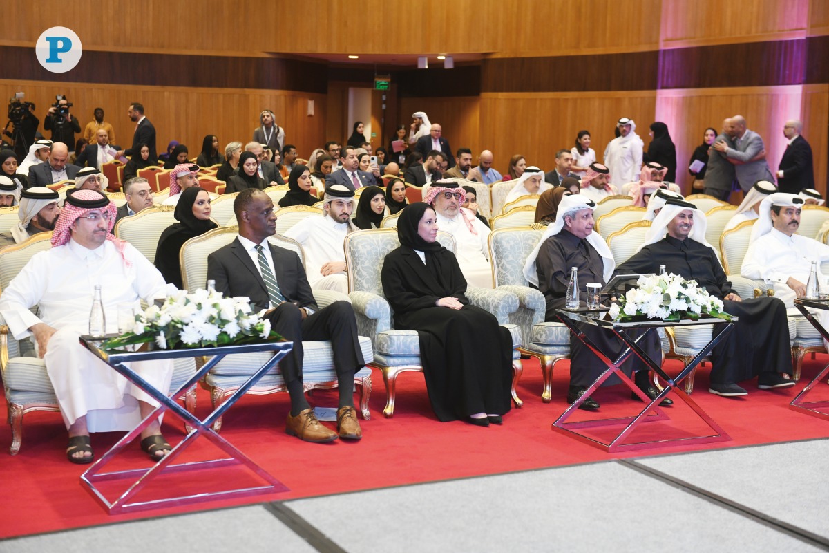 Minister of Social Development and Family H E Buthaina bint Ali Al Jabr Al Nuaimi (third left);  US Ambassador to Qatar  H E Timmy Davis (second left); and Chairman of QCS Sheikh Dr. Khalid bin Jaber Al Thani (third right) during the QCS  Strategic Plan for 2025-2028 launch yesterday. Pic: Amr Diab/The Peninsula 