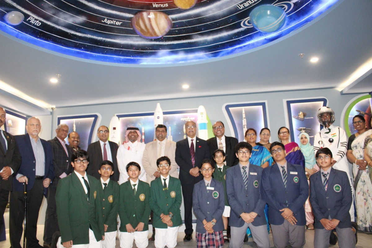 Ambassador of India to Qatar H E Vipul with officials, guests and students during the inauguration of Space and Robotics Lab. 