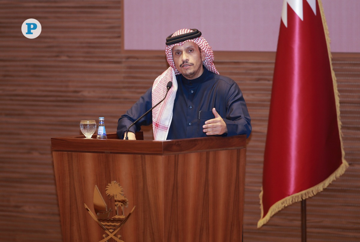 Prime Minister and Minister of Foreign Affairs H E Sheikh Mohammed bin Abdulrahman bin Jassim Al Thani announcing the ceasefire agreement during a press conference yesterday. Pic: Rajan Vadakkemuriyil / The Peninsula