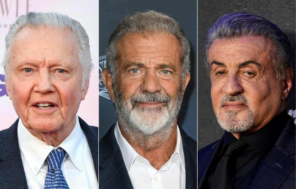 This combination of pictures created on January 16, 2025 shows US actor Jon Voight in Hollywood, California, August 20, 2024, US actor and filmmaker Mel Gibson in Los Angeles on September 24, 2024, and US actor Sylvester Stallone in New York City on November 9, 2022. (Photos by Valerie Macon and Timothy A Clary / AFP)
 