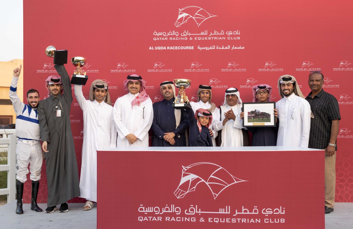 The connections of Gold Fleece celebrate their Khor Al Adaid Cup victory. Qatar Racing and Equestrian Club Manager Abdulla Rashid Al Kubaisi crowned the winners.
