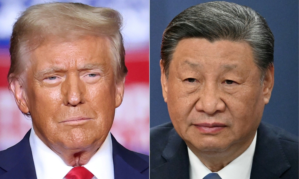 This combination of pictures created on November 07, 2024 shows former US President and Republican presidential candidate Donald Trump in Pittsburgh, Pennsylvania on November 4, 2024, and Chinese President Xi Jinping at a press conference in Belgrade, on May 8, 2024. (Photo by Charly Triballeau and Elvis Barukcic / AFP)