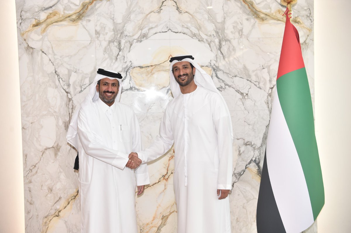 Minister of Commerce and Industry H E Sheikh Faisal bin Thani bin Faisal Al Thani with Minister of Economy of United Arab Emirates H E Abdulla bin Touq Al Marri during the meeting.