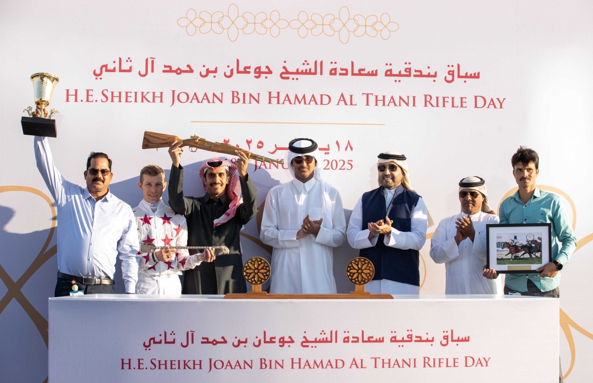 H E Sheikh Hamad bin Joaan Al Thani presented the H E Sheikh Joaan Bin Hamad Al Thani Rifle to Al Jeryan Stud’s representatives after Aafoor's victory at Al Rayyan Racecourse yesterday.   