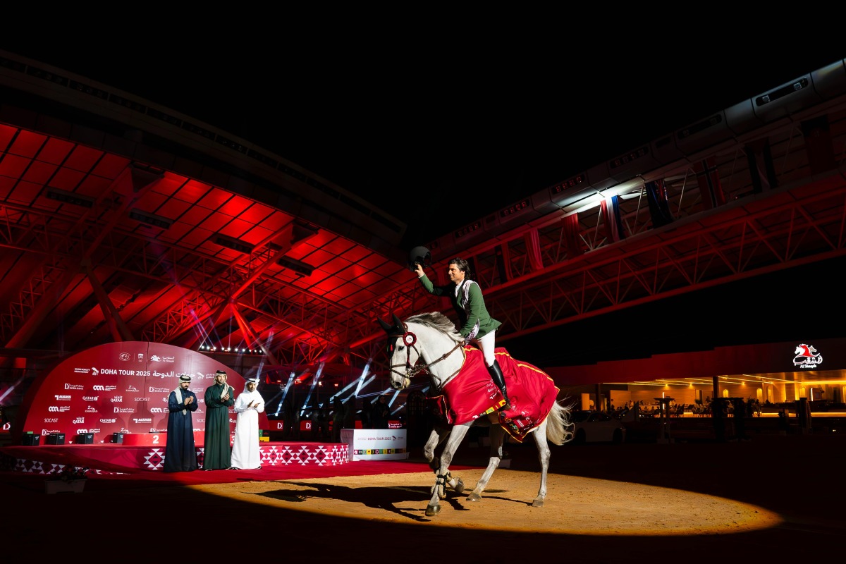 Portugal's Duarte Seabra astride Dourados 2 celebrates after winning the CSI4* Grand Prix title. The podium winners of the event were honoured by Doha International Tour Organizing Committee Chairman Rashid Nasser Al Kaabi, Secretary-General of Qatar Equestrian Federation and Organizing Committee Member Sheikh Ahmed bin Noah Al Thani.