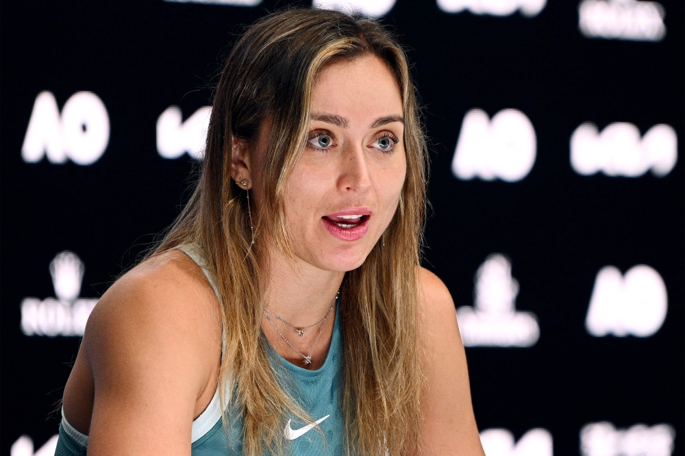 This handout picture released by the Tennis Australia on January 19, 2025 shows Spain's Paula Badosa speaks at a press conference in Melbourne. (Photo by Vince Caligiuri / Tennis Australia / AFP) 