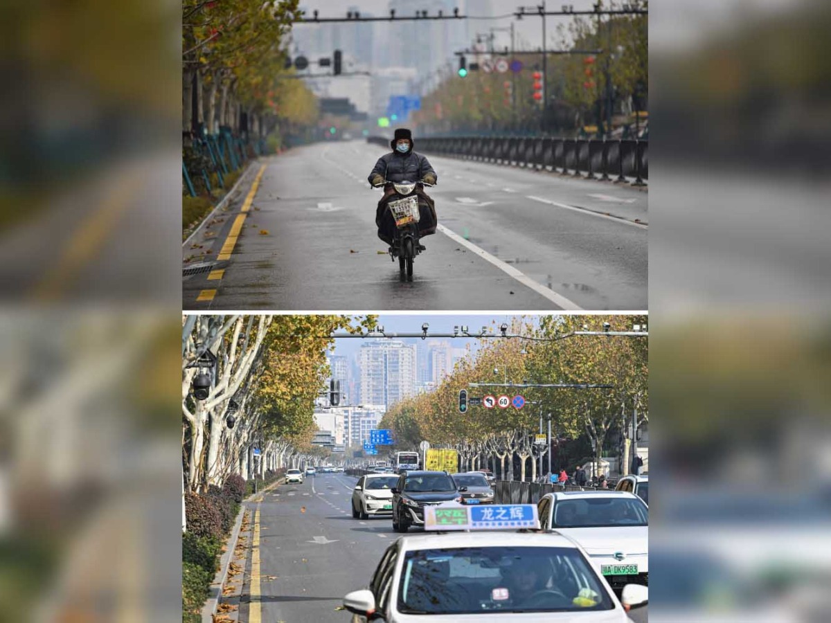 (Combo) This combination photograph created on December 23, 2024 shows a man wearing a protective face mask riding a motorcycle on a street in Wuhan, in China's central Hubei province on January 26, 2020 (top) and cars on the same street on December 21, 2024. (Photo by Hector Retamal / AFP) 