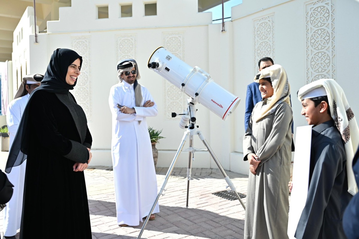 Minister of Education and Higher Education H E Lolwah bint Rashid Al Khater interacting with students during her visit to Al Ahnaf Bin Qais Preparatory School for Boys.