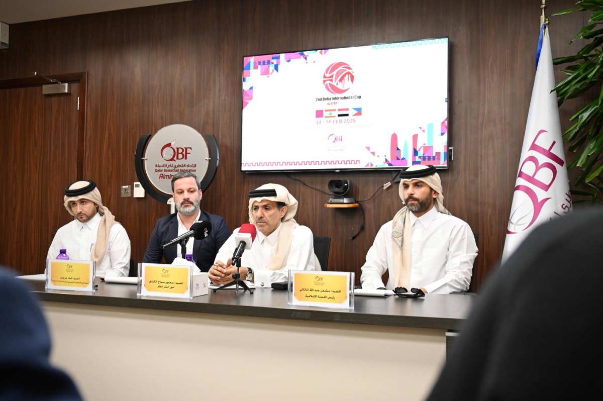 QBF Secretary-General Saadoun Sabah Al Kuwari (third right) speaks during a press conference yesterday. Founder and CEO of Step Ahead Company Fouad Gerges (second left) and QBF Board Member Mishaal Abdullah Al Malki are also present.