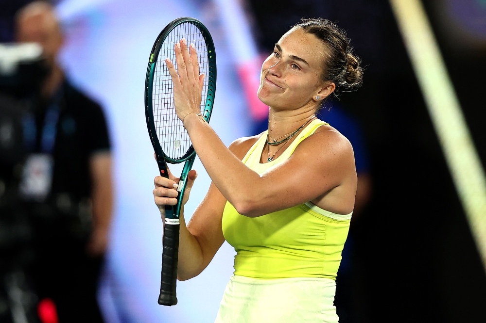 Belarus' Aryna Sabalenka celebrates a victory over Russia's Anastasia Pavlyuchenkova in Melbourne on January 21, 2025. (Photo by Martin Keep / AFP)