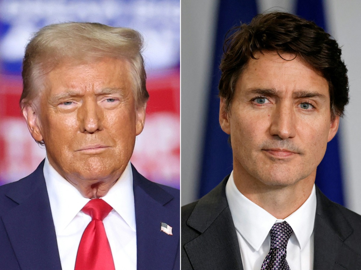 (FILES) (COMBO) This combination of pictures created on November 29, 2024 shows former US President and Republican presidential candidate Donald Trump (L) looking on during a campaign rally at PPG Paints Arena in Pittsburgh, Pennsylvania on November 4, 2024 and Canadian Prime Minister Justin Trudeau looking on during a press conference with French President Emmanuel Macron in Montreal, Canada, on September 26, 2024. (Photo by CHARLY TRIBALLEAU and Ludovic MARIN / AFP)