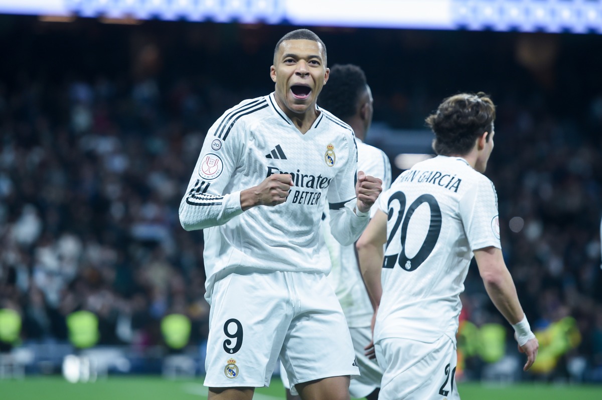  Kylian Mbappe of Real Madrid celebrates a goal during the Copa del Rey (King's Cup) football match between Real Madrid and RC Celta in Madrid, Spain, Jan. 16, 2025. (Photo by Gustavo Valiente/Xinhua)
