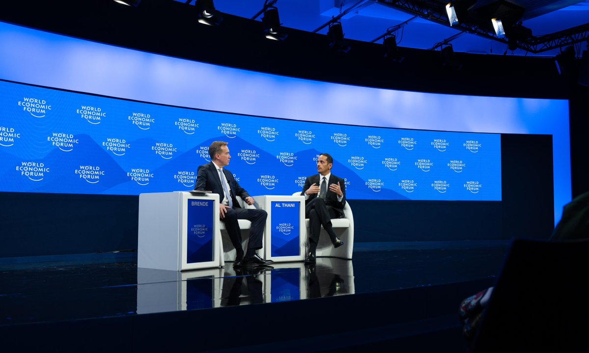 Prime Minister and Minister of Foreign Affairs H E Sheikh Mohammed bin Abdulrahman bin Jassim Al Thani with President and CEO of World Economic Forum Borge Brende at the World Economic Forum session in Davos.