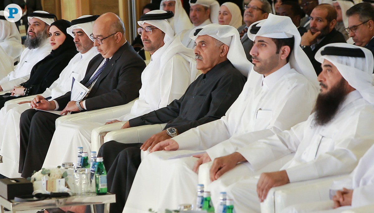 Minister of Justice and Minister of State for Cabinet Affairs H E Ibrahim bin Ali Al Mohannadi (fourth right), Chairman of the Board of Trustees of National Archives of Qatar H E Abdullah bin Khalifa Al Attiyah (third right), and others at the conference. Pic: Rajan Vadakkemuriyil / The Peninsula 