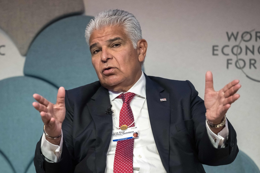 Panama's President Jose Raul Mulino speaks during the World Economic Forum (WEF) annual meeting in Davos on January 22, 2025. (Photo by Fabrice Coffrini / AFP)