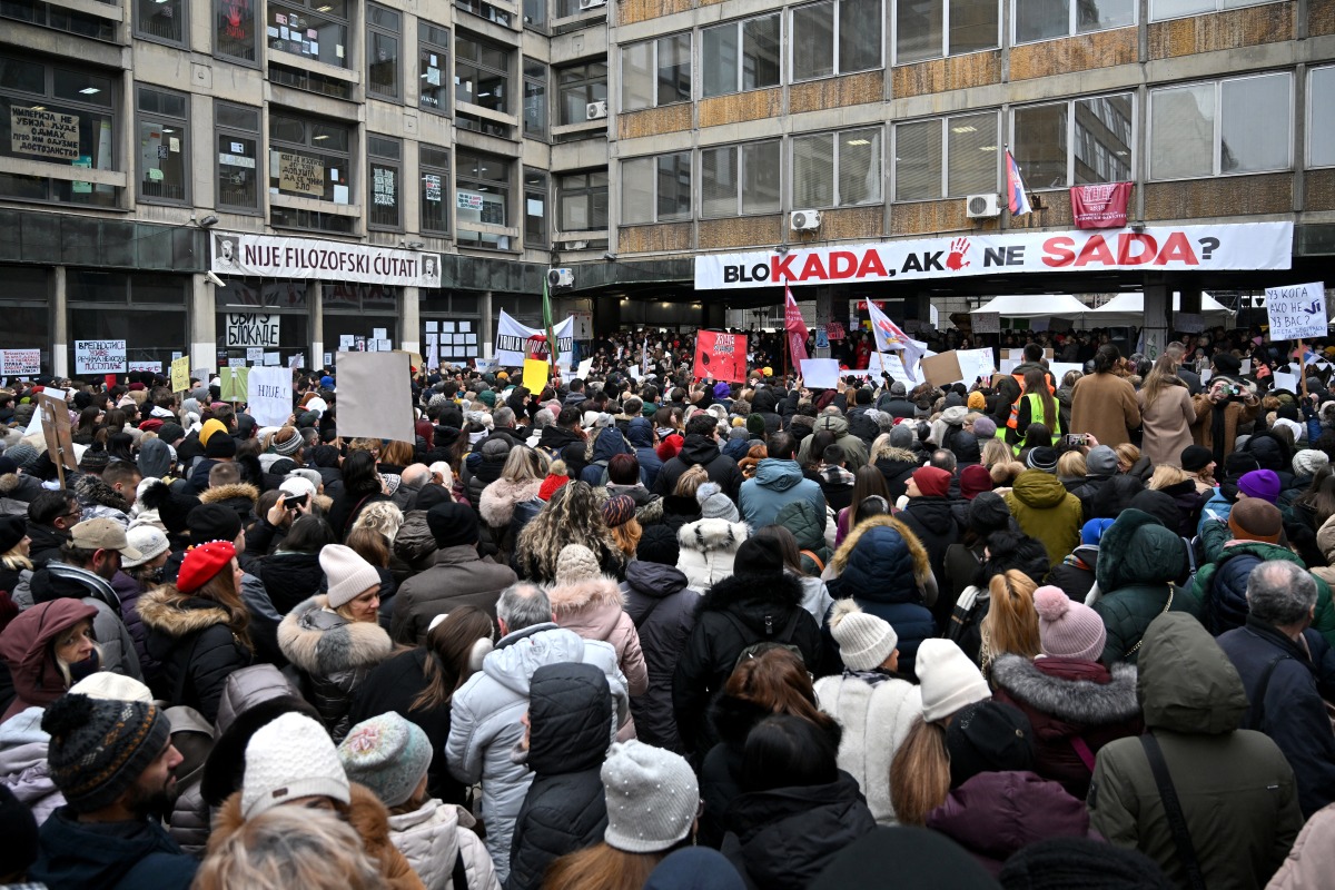 Thousands of teachers, students, and citizens protest during a one-day work stoppage in Belgrade on January 20, 2025, following the November 2024 collapsed of a roof at a train station in Novi Sad, that killed 15 people. Photo by Oliver Bunic / AFP