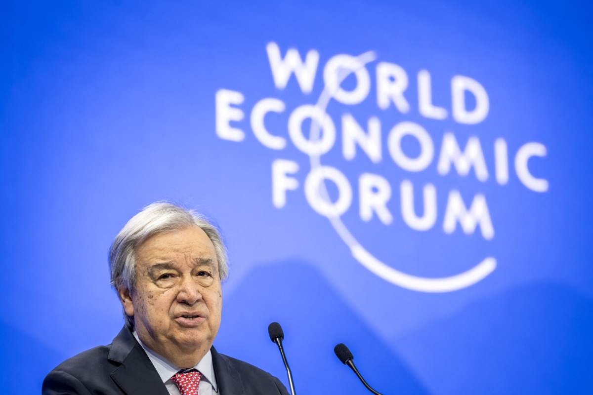 UN Secretary-General Antonio Guterres addresses the audience during the World Economic Forum (WEF) annual meeting in Davos on January 22, 2025. (Photo by FABRICE COFFRINI / AFP)
