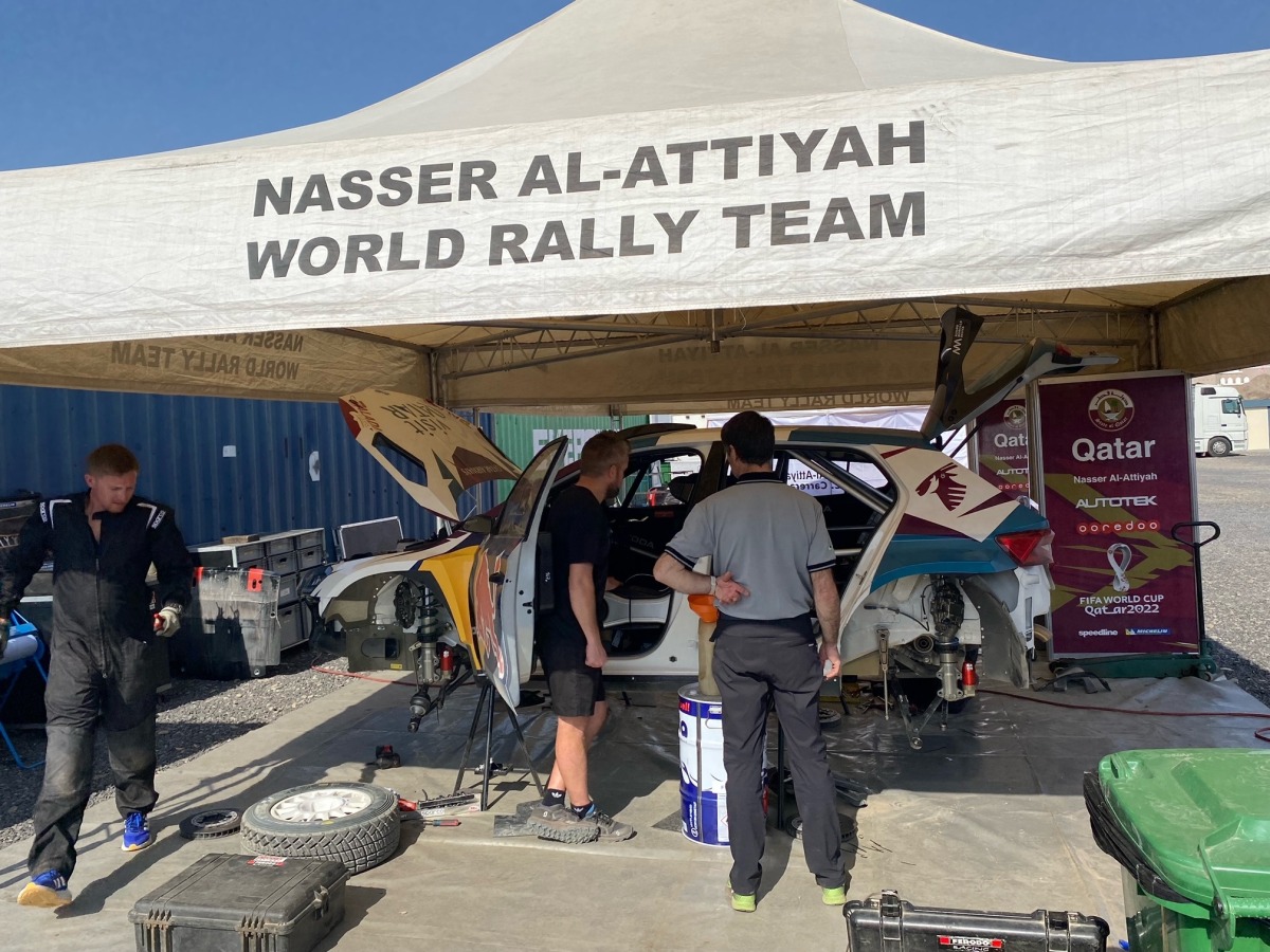 Autotek technicians work to prepare Nasser Saleh Al Attiyah’s car for Oman International Rally.