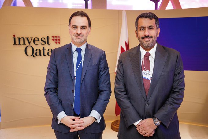 Minister of Commerce and Industry H E Sheikh Faisal bin Thani bin Faisal Al Thani with Minister Delegate for Foreign Trade and French Nationals Abroad H E Laurent Saint-Martin during World Economic Forum 2025.