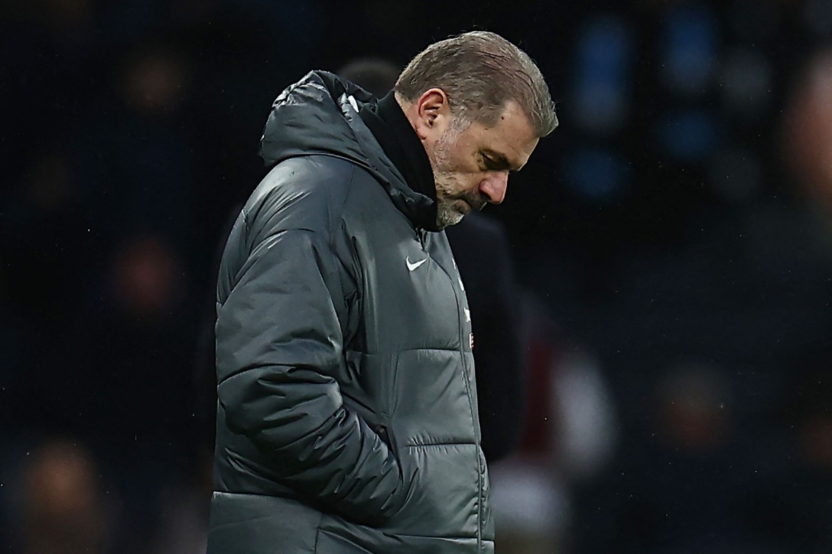 Tottenham Hotspur's Greek-Australian Head Coach Ange Postecoglou reacts on the touchline during the English Premier League football match between Tottenham Hotspur and Leicester City at the Tottenham Hotspur Stadium in London, on January 26, 2025. (Photo by HENRY NICHOLLS / AFP) 