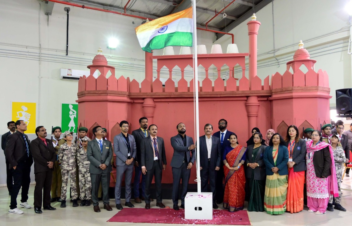 Officials and guests celebrating 76th Republic Day of India at MES Indian School.