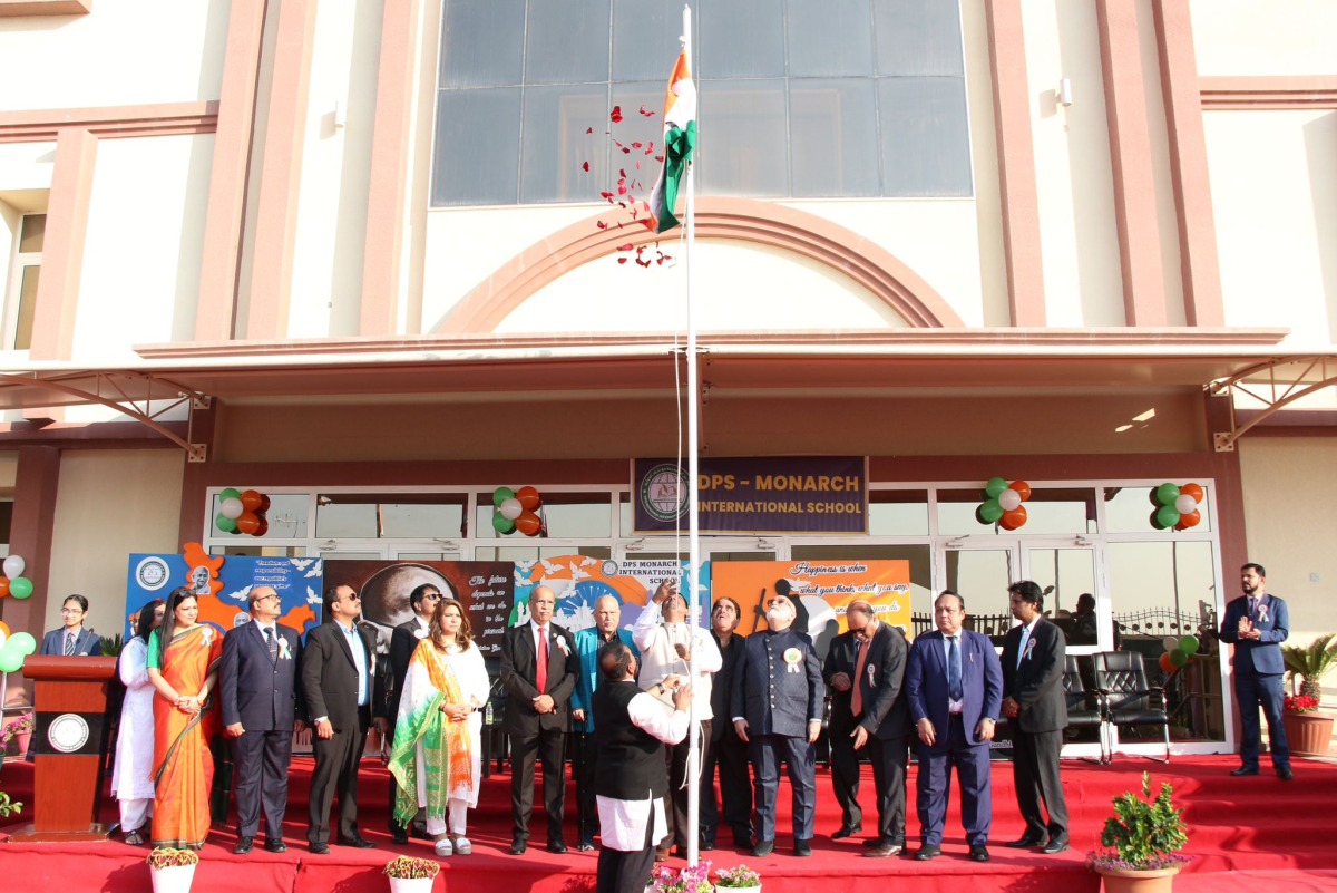 Officials and guests celebrating Republic Day of India at DPS Monarch International School.