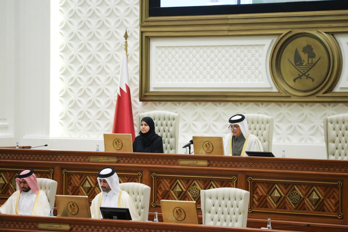 Speaker of the Shura Council H E Hassan bin Abdullah Al Ghanim chairing the council's regular weekly session at Tamim bin Hamad Hall at the Shura Council’s headquarters yesterday. 