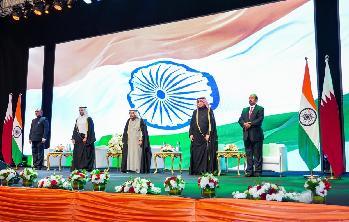 Minister of State for Energy Affairs and President and CEO​ of QatarEnergy H E Saad Sherida Al Kaabi (second left); Director of the Protocol Department at MoFA, H E Ambassador Ibrahim Yousif Abdullah Fakhro (second right); Ambassador of India to Qatar H E Vipul (first left); Ambassador of Eritrea to Qatar and Dean of the Diplomatic Corps H E Ali Ibrahim Ahmed (first right); and H E Sheikh Faisal bin Qassim Al Thani during a reception to mark 76th Republic Day of India.