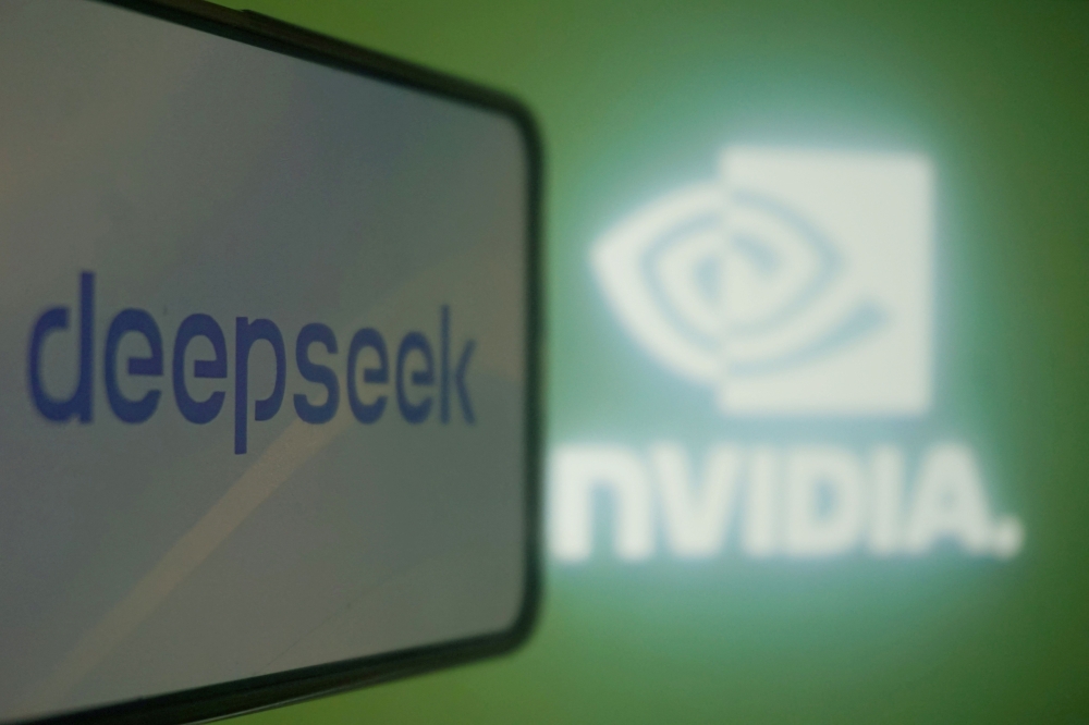 This photo illustration shows the DeepSeek and Nvidia logos on screens in Hangzhou, in China's eastern Zhejiang province on January 27, 2025. (Photo by AFP) 