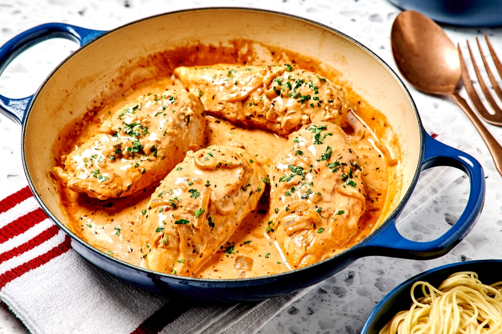 Chicken Breasts in Creamy Tomato Sauce. (Photo by Peggy Cormary for The Washington Post; food styling by Carolyn Robb for The Washington Post)

