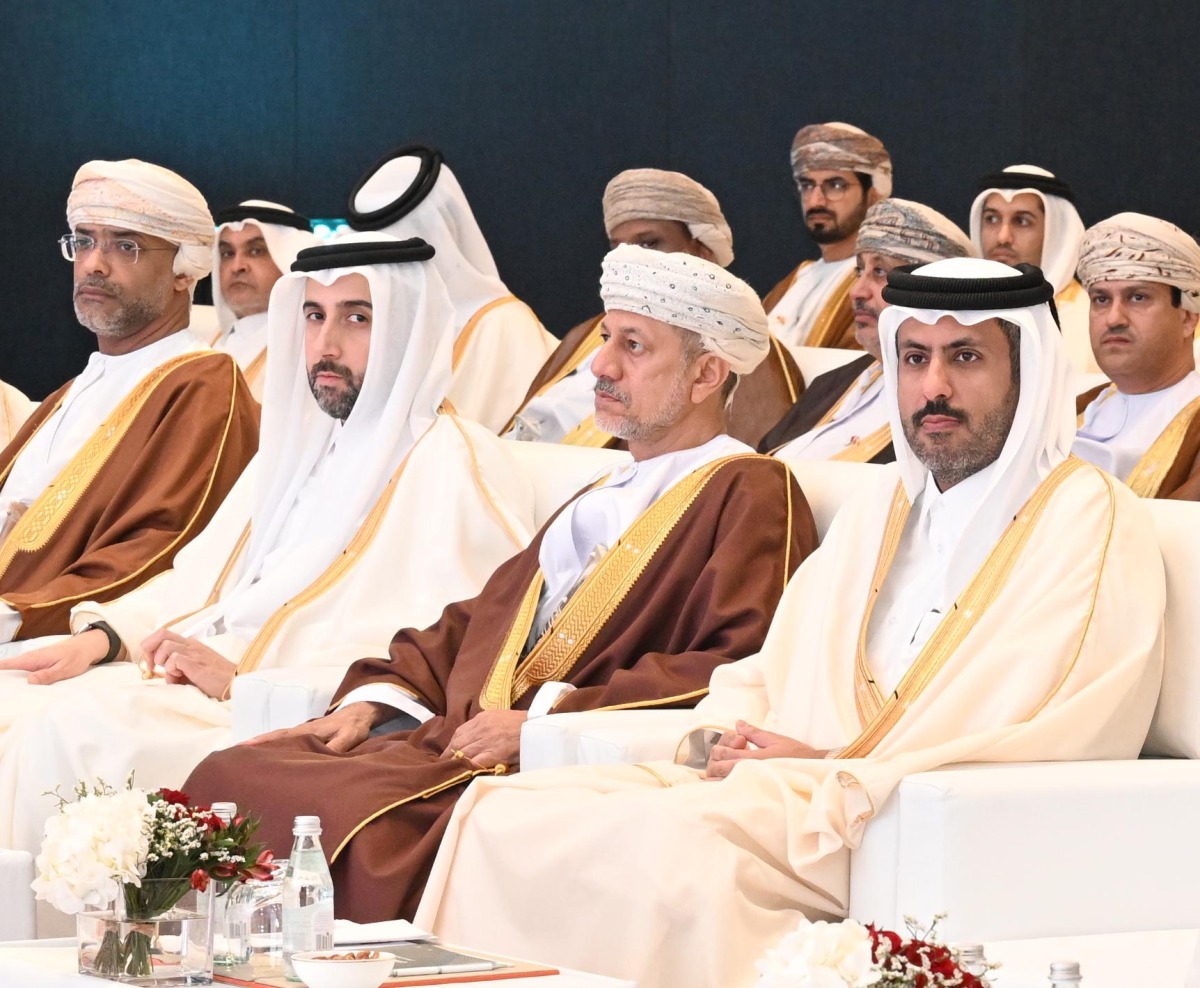 Minister of Commerce and Industry H E Sheikh Faisal bin Thani bin Faisal Al Thani with other dignitaries at the the Oman-Qatar Economic Forum in Muscat, yesterday.