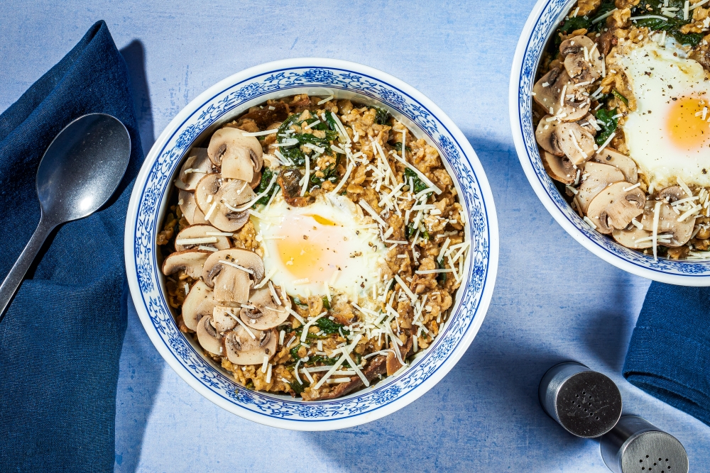 Savory Oatmeal With Mushrooms and Eggs. (Photo by Rey Lopez for The Washington Post; food styling by Carolyn Robb for The Washington Post)
