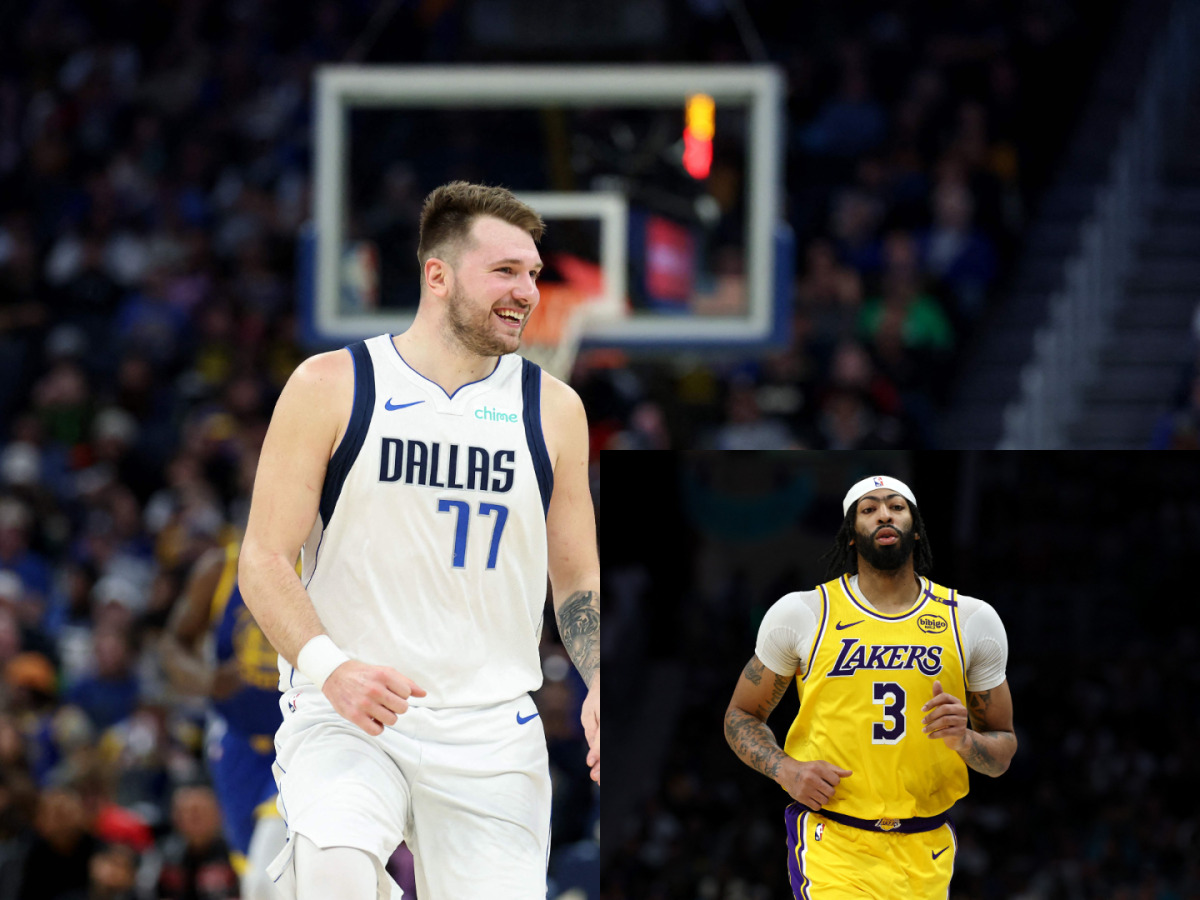 In this combination photo, Luka Doncic #77 of the Dallas Mavericks reacts during their game against the Golden State Warriors at Chase Center on December 15, 2024 in San Francisco, California, while Anthony Davis #3 of the Los Angeles Lakers runs the court during the first half of the game against the Charlotte Hornets at Spectrum Center on January 27, 2025 in Charlotte, North Carolina.