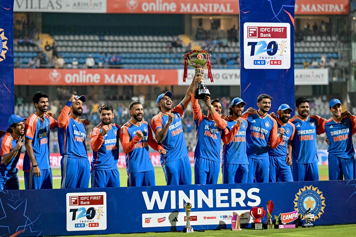 India’s players celebrate after their T20 series win over England.