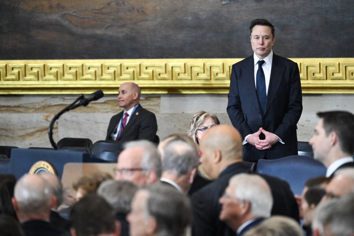 Tesla and SpaceX CEO Elon Musk arrives for the inauguration ceremony before Donald Trump is sworn in as the 47th US President in the US Capitol Rotunda in Washington, DC, on January 20, 2025. Photo by SAUL LOEB / POOL / AFP.