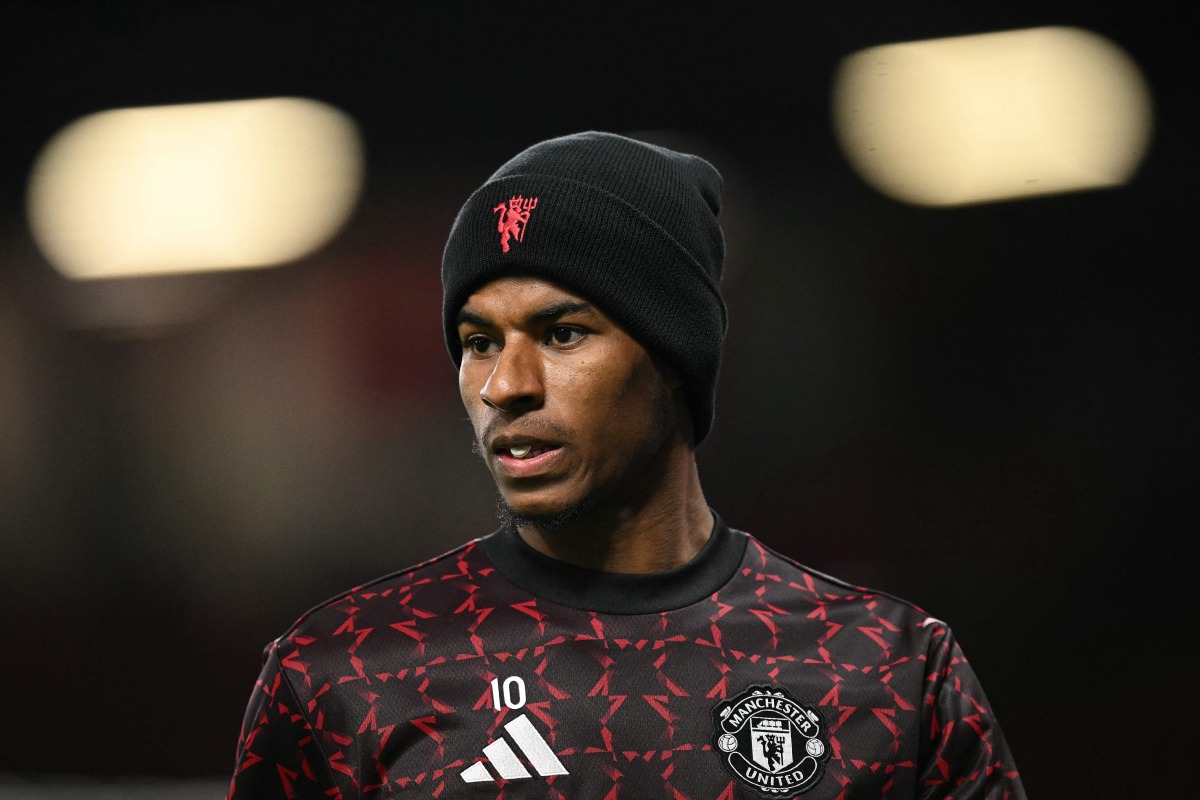 Manchester United's English striker #10 Marcus Rashford warms up ahead of the UEFA Europa league, League Phase football match between Manchester United and PAOK Thessaloniki at Old Trafford stadium in Manchester, north west England, on November 7, 2024. Photo by Oli SCARFF / AFP