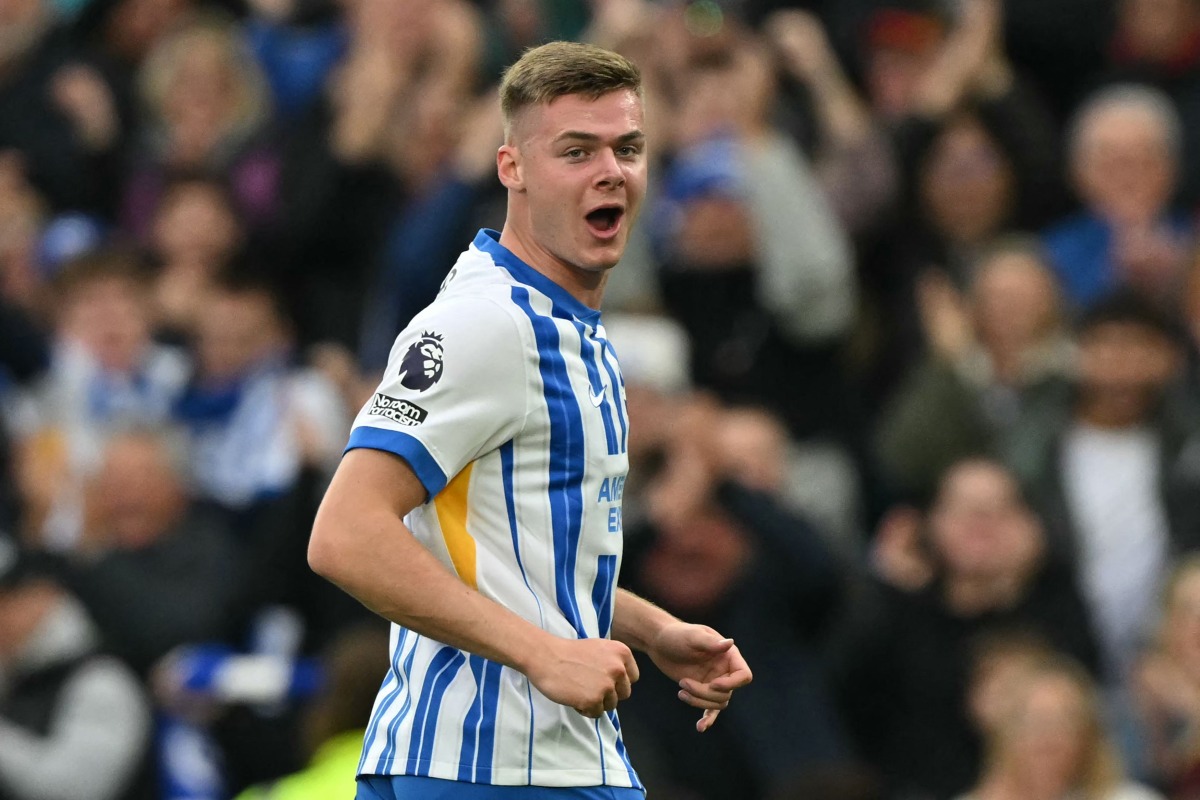 (FILES) Brighton's Irish striker #28 Evan Ferguson celebrates after scoring their second goal during the English Premier League football match between Brighton and Hove Albion and Wolverhampton Wanderers at the American Express Community Stadium in Brighton, southern England, on October 26, 2024. (Photo by Glyn KIRK / AFP)