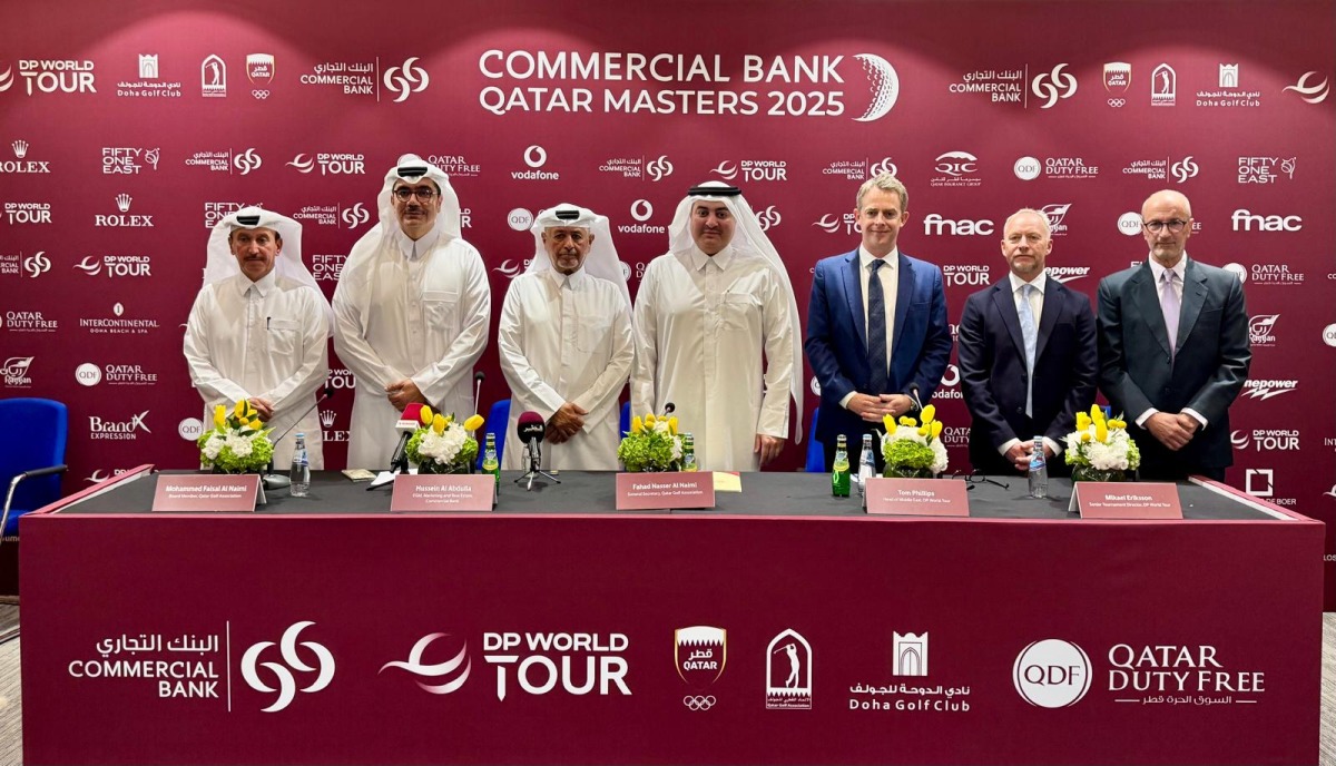 From left: Qatar Golf Association Board member Mohamed Faisal Al Naimi, EGM of Marketing and CB Real Estate Hussein Al Abdullah, QGA General Secretary Fahad Nasser Al Naimi, Qatar Golf Association President Hamad Al Mana, DP World Tour’s Head of Middle East Operations Tom Phillips, DP World Tour's Senior Tournament Director Michael Erickson and QGA Technical Expert Mike Shoueiry during a press conference held at DGC yesterday.