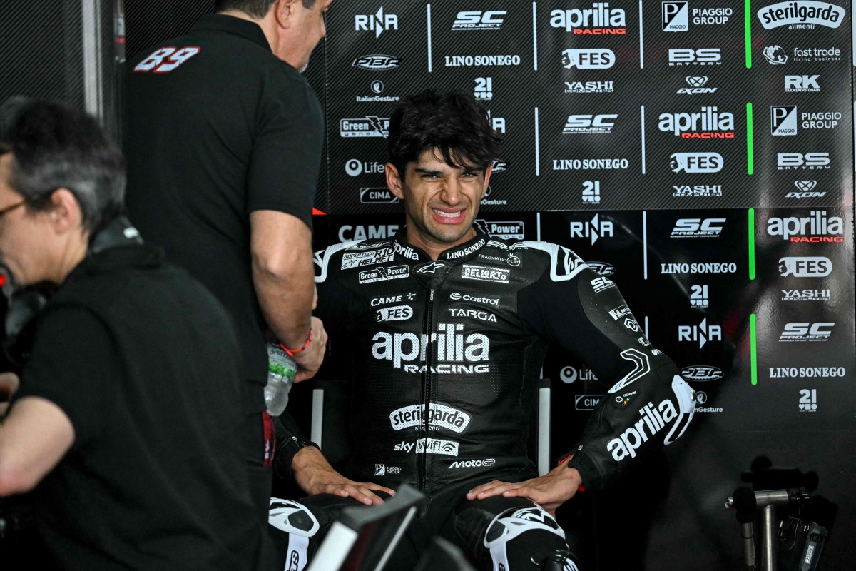 Aprilia Racing's Spanish rider Jorge Martin reacts during the first day of the 2025 MotoGP pre-season test at the Sepang International Circuit in Sepang on February 5, 2025. (Photo by MOHD RASFAN / AFP)