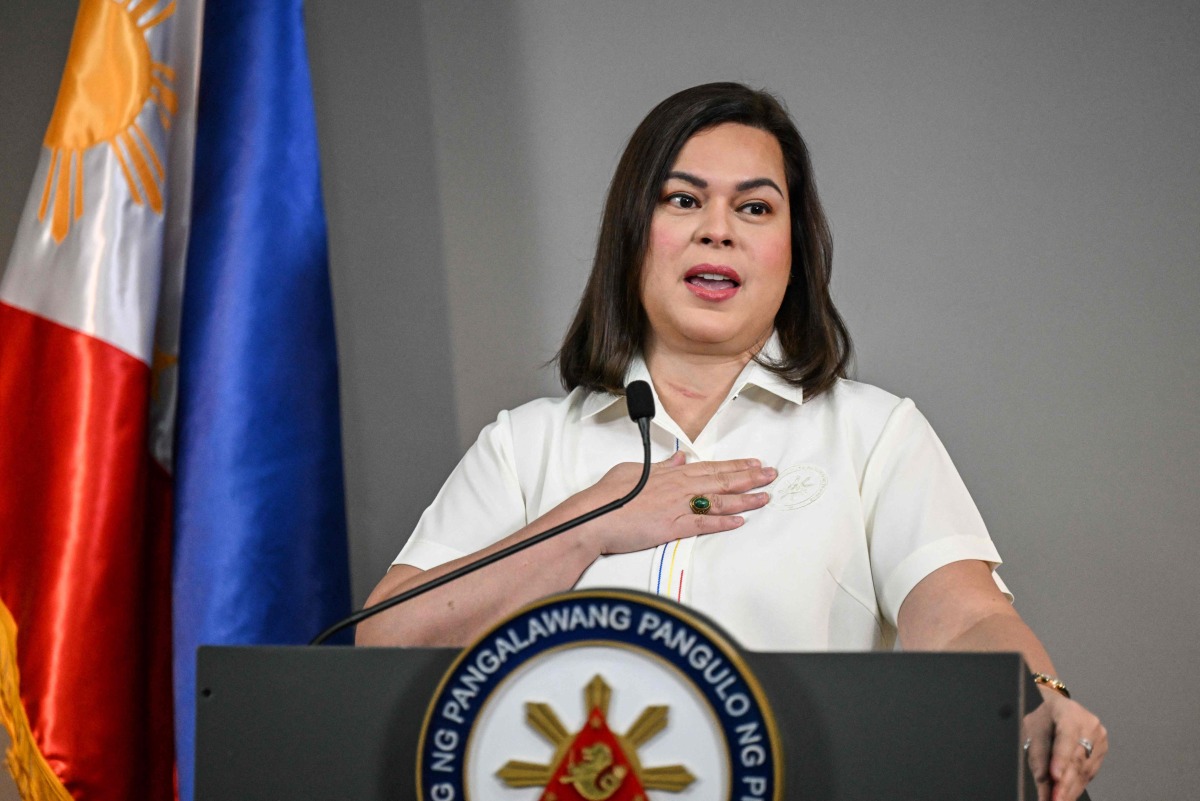 Philippine Vice President Sara Duterte gives a statement on impeachment complaints filed against her at her office in Mandaluyong, Metro Manila on February 7, 2025. Photo by JAM STA ROSA / AFP