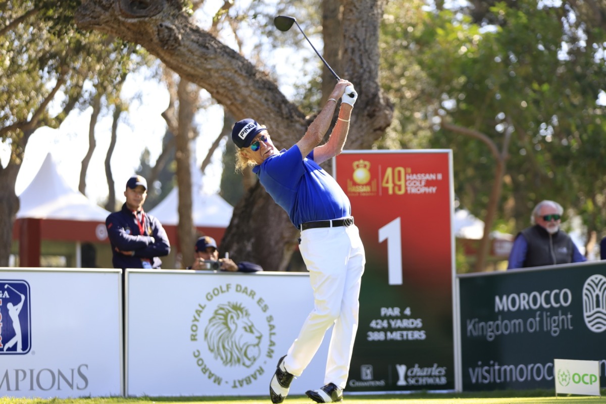 Spain’s Miguel Angel Jimenez tees off during the second round of the Trophy Hassan II 2025 at Royal Golf Dar Es Salam in Rabat, Morocco.