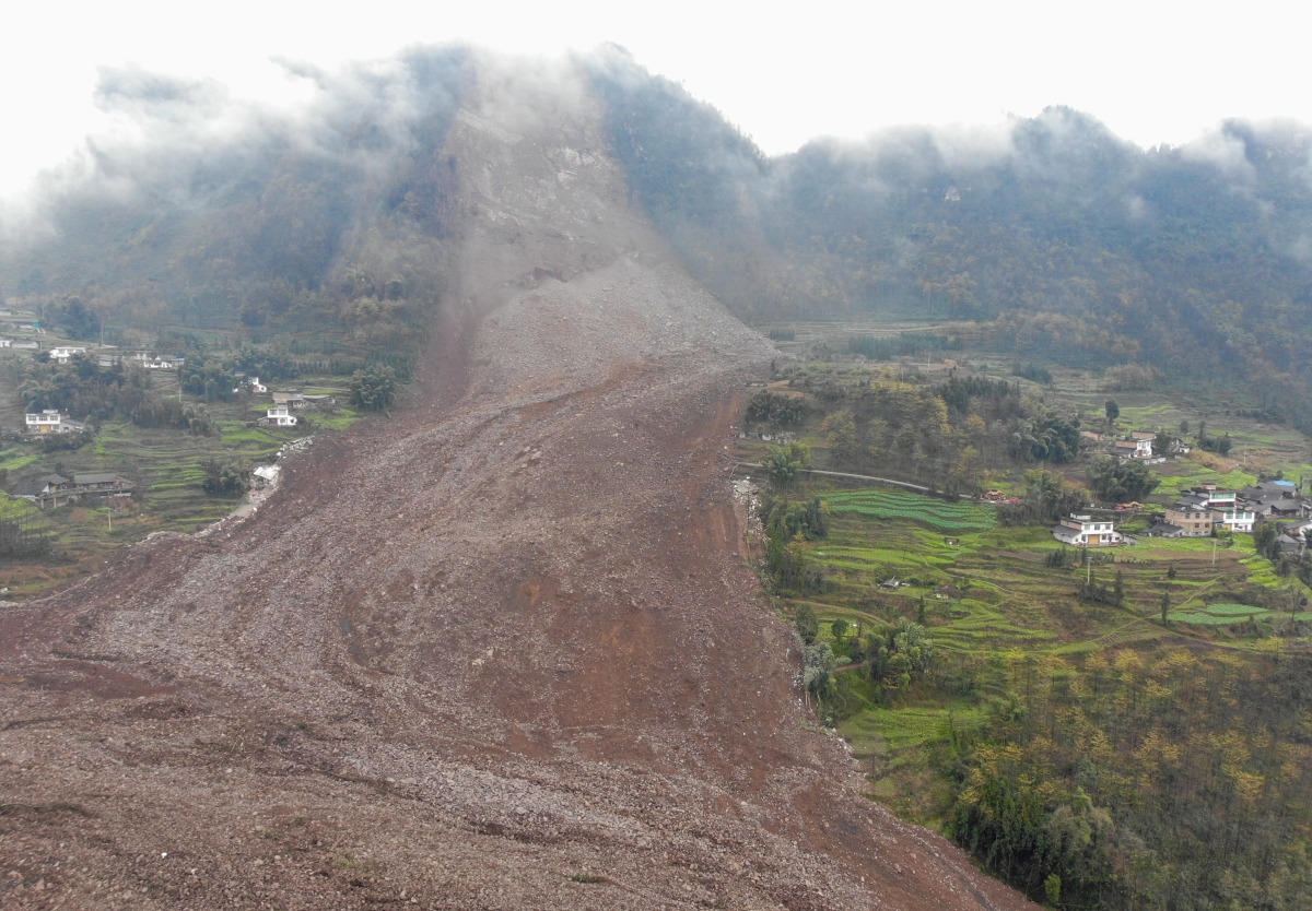 YIBIN, Feb. 8, 2025 (Xinhua) -- This photo taken on Feb. 8, 2025 shows the site of a landslide in Jinping Village, Junlian County in the city of Yibin, southwest China's Sichuan Province.