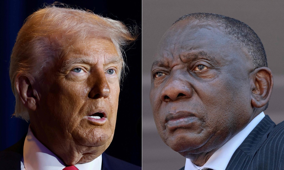 (COMBO) This combination of file pictures created on February 7, 2025 shows US President Donald Trump (L) speaking in Washington, DC, on February 6, 2025, and South African President Cyril Ramaphosa attending Mozambique President-elect Daniel Chapo's inauguration in Maputo on January 15, 2025. (Photo by Ting Shen and ALFREDO ZUNIGA / AFP)
