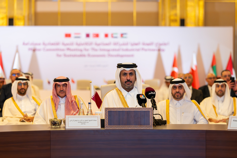 Minister of Commerce and Industry H E Sheikh Faisal bin Thani bin Faisal Al Thani with other officials during the Higher Committee for the Integrated Industrial Partnership for Sustainable Economic Development meeting.