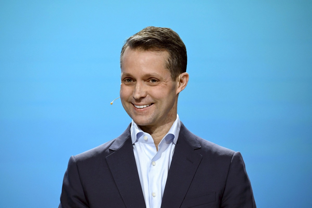 Technology company Nokia's newly appointed President and Chief Executive Officer of Nokia, Justin Hotard attends at the company's press conference in Espoo, Finland on February 10, 2025.  Photo by Markku Ulander / Lehtikuva / AFP