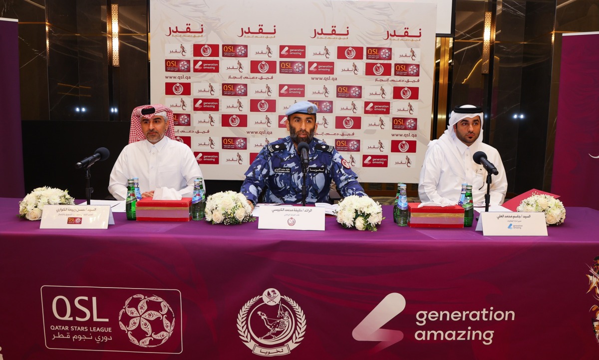 FROM LEFT: QSL's Executive Director of Sales, Marketing and Communication Hassan Rabiah Al Kuwari, Commander of Lekhwiya Sports Centre Major Khalifa Mohammed Al Kubaisi and Events Management Director at Generation Amazing Foundation Jassim Mohammed Al Ali during the meeting.  