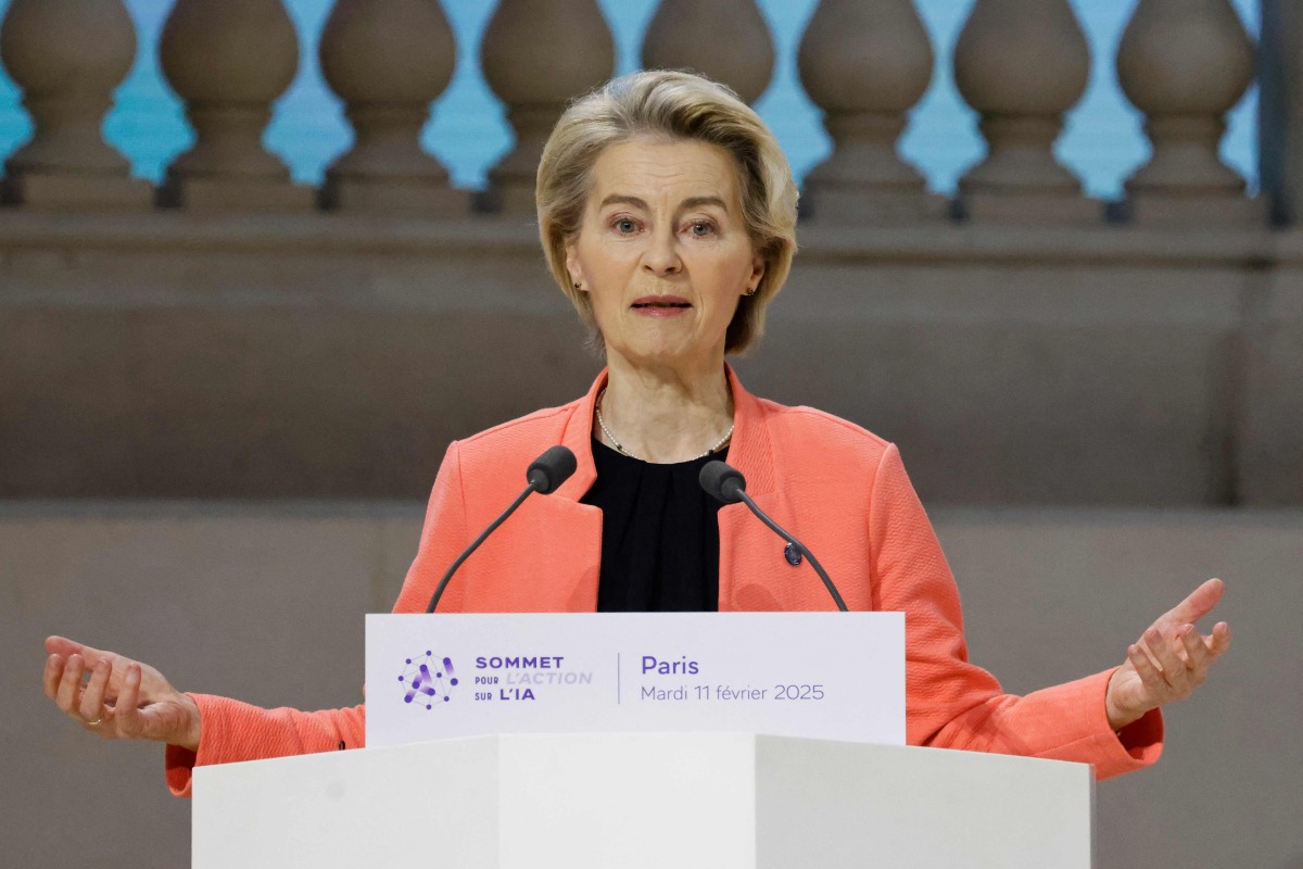 European Commission President Ursula von der Leyen speaks during a plenary session at the Artificial Intelligence (AI) Action Summit, at the Grand Palais, in Paris, on February 11, 2025. (Photo by Ludovic MARIN / AFP)